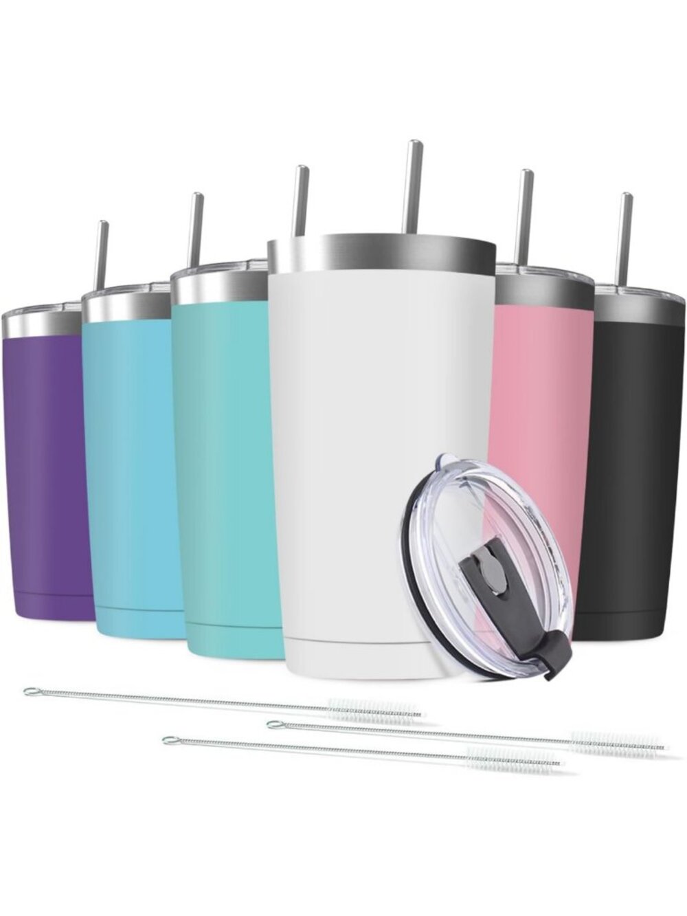 6 Pack Insulated Stainless Steel Tumblers with Straw & Lid - Travel Coffee Mugs